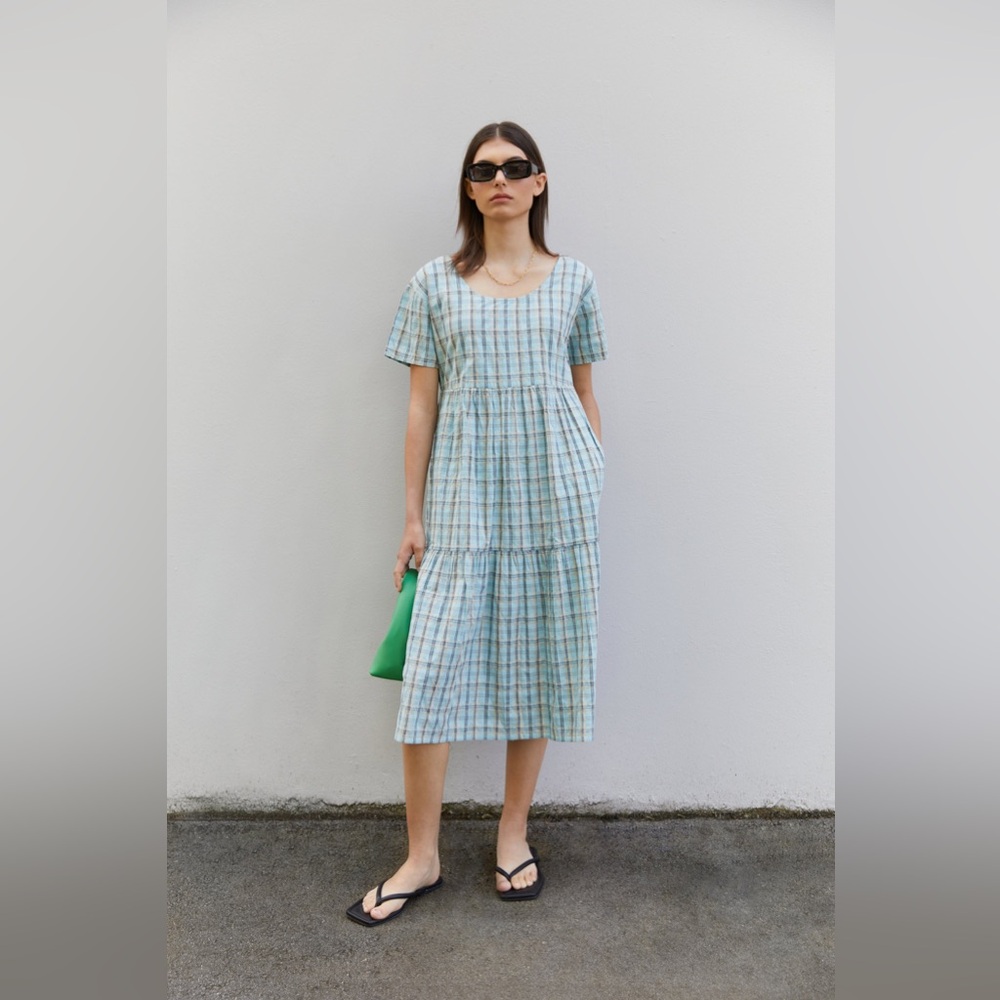 OAK + FORT Light Blue Checkered Midi Dress